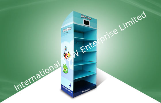 Un buen precio. Cinco juguetes enojados de los pájaros de los soportes de exhibición de la cartulina del POP del estante fijados con el jugador de la TV en línea